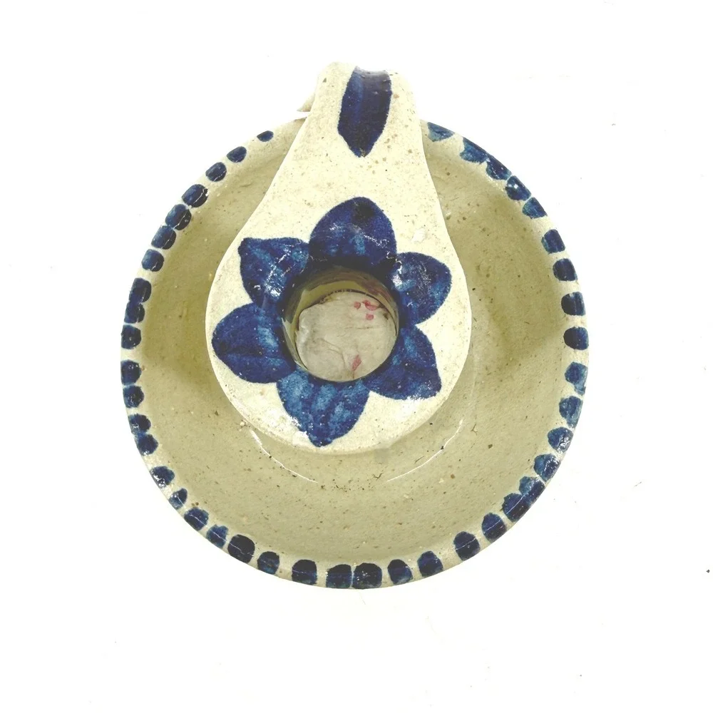 Williamsburg Pottery Stoneware Chamberstick Floral Salt Glaze Candle Holder Blue